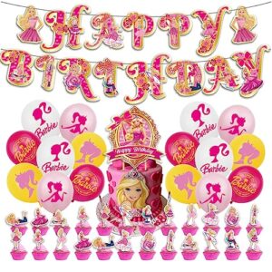 Birthday Party Supplies for Barbie, babi Party Decorations Include Happy Birthday Banner, Cake Topper, Cupcake Toppers, Latex Balloons.