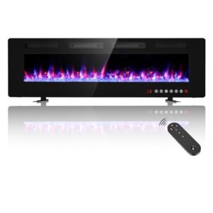 breezeheat 60inch electric fireplace recessed wall mounted-ultra thin fireplace heater for living room/bedroom with 2 heat vents, remote control, touch screen, adjustable flame, 8h timer, 750w/1500w