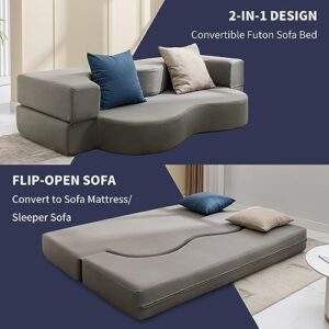 ijuicy Full Size Convertible Floor Sofa Bed, Futon Sofa Bed Foldable, Foam Folding Mattress Sleeper, Leathaire Fabrics Floor Couch Lounge Sleeper Bed for Small Spaces-Light Grey