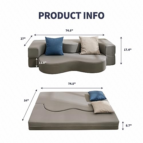 ijuicy Full Size Convertible Floor Sofa Bed, Futon Sofa Bed Foldable, Foam Folding Mattress Sleeper, Leathaire Fabrics Floor Couch Lounge Sleeper Bed for Small Spaces-Light Grey