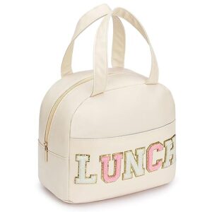 dirgee lunch bag for women insulated lunch bag for men pu leather small lunch bag for office work lunch bag with chenille letters leakproof freezable cooler bag reusable portable lunch box (white)