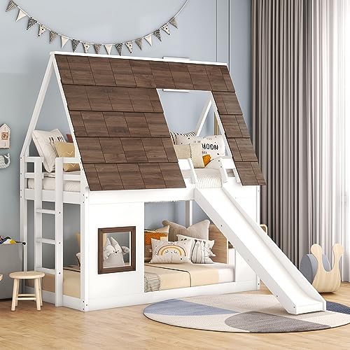 Aiuyesuo Fun Play House Design Bunk Bed with Slide for Kids Teens Boys Girls, Twin Size Wood Montessori Floor Bunk Bed with Roof and Windows, Easy Assembly