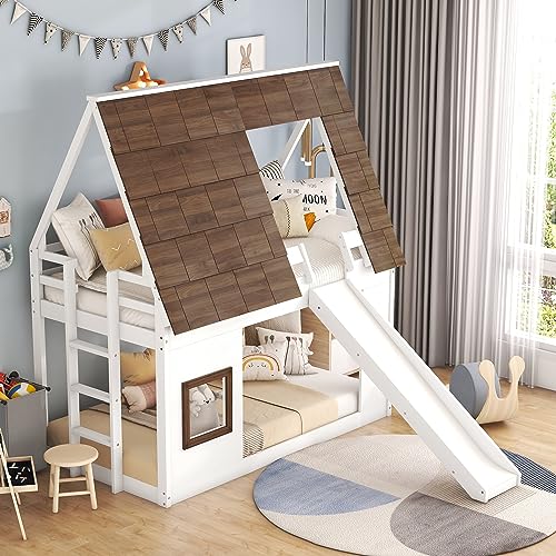 Aiuyesuo Fun Play House Design Bunk Bed with Slide for Kids Teens Boys Girls, Twin Size Wood Montessori Floor Bunk Bed with Roof and Windows, Easy Assembly