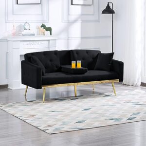 koihome button tufted convertible futon sofa bed with 3 angle adjustment of backrest, velvet sleeper couch daybed loveseat with 2 cup holders, 2 pillows and square armrests for compact space, black