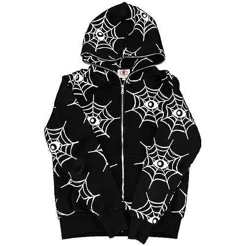 Y2K Women Men Vintage Full Zip Up Hoodies Skeleton Spider Web Graphic Rhinestone Sweatshirt Oversized Grunge Jackets