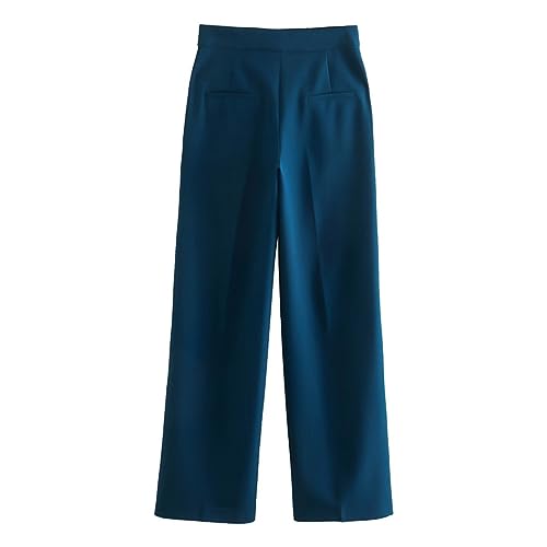 Women Side Pockets Full Length Straight Pants Vintage Mid-Rise Zipper Fly Female Trousers S