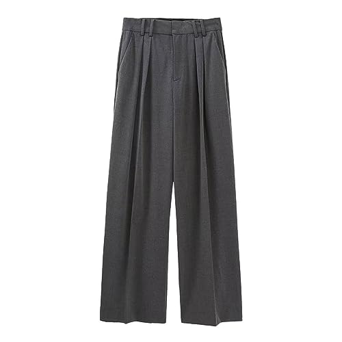 Women Front Darts Side Pockets Straight Pants Vintage High Waist Zipper Fly Female Trousers S