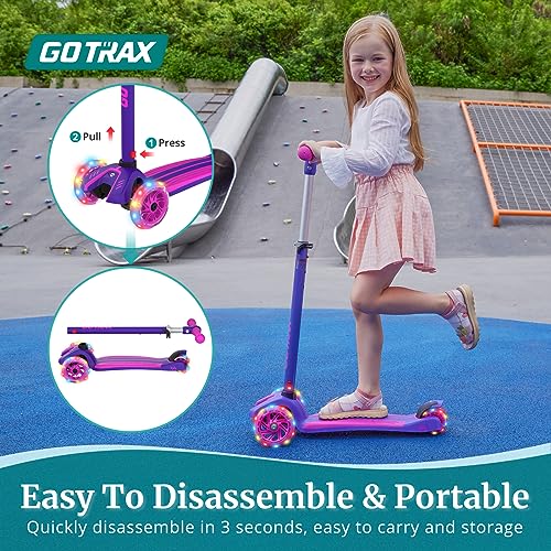 Gotrax KS1 Kids Kick Scooter, LED Lighted Wheels and 3 Adjustable Height Handlebars, Lean-to-Steer & Widen Anti-Slip Deck, 3 Wheel Scooter for Boys & Girls Ages 2-8 and up to 100 Lbs (Purple)