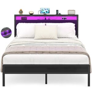 homieasy full size bed frame with charging station and led lights, industrial metal platform bed with storage headboard, steel slat support, no box spring needed, noise-free, easy assembly, black