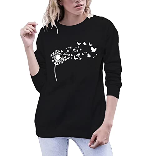 Women Fall Clothes Long Sleeve Sweatshirt Crewneck Printing Loose Casual Sweater Graphic Distressed (Black, M)