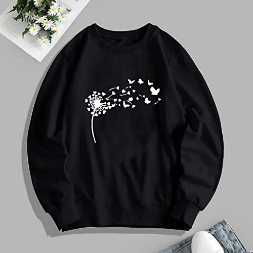 Women Fall Clothes Long Sleeve Sweatshirt Crewneck Printing Loose Casual Sweater Graphic Distressed (Black, M)