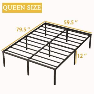 MISAGI Queen 14inch Metal Bed Frame No Box Spring Needed, Heavy Duty Metal Platform with Tool Free Setup, Black, Durable, Suitable for Bedroom, Queen