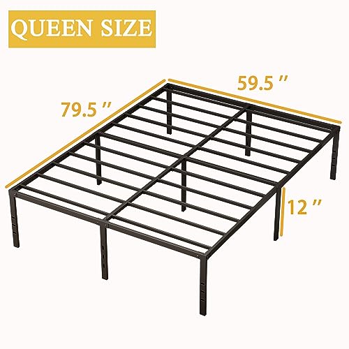 MISAGI Queen 14inch Metal Bed Frame No Box Spring Needed, Heavy Duty Metal Platform with Tool Free Setup, Black, Durable, Suitable for Bedroom, Queen