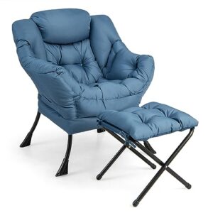 giantex lazy chair with ottoman, accent sofa chair with folding footrest, side storage pocket, upholstered leisure lounge armchair with stool for bedroom, living room, office, blue