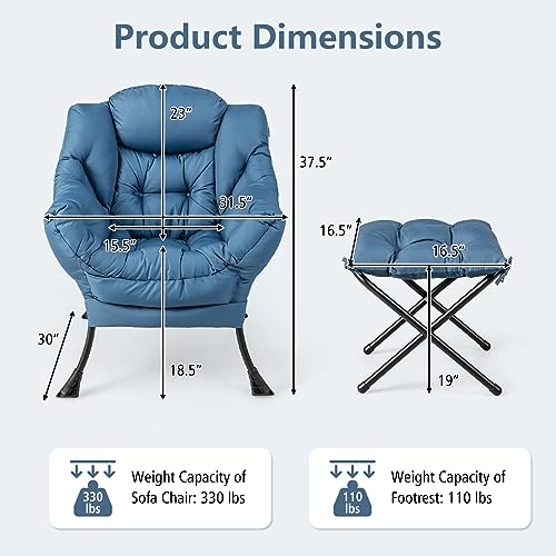 Giantex Lazy Chair with Ottoman, Accent Sofa Chair with Folding Footrest, Side Storage Pocket, Upholstered Leisure Lounge Armchair with Stool for Bedroom, Living Room, Office, Blue