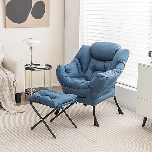 Giantex Lazy Chair with Ottoman, Accent Sofa Chair with Folding Footrest, Side Storage Pocket, Upholstered Leisure Lounge Armchair with Stool for Bedroom, Living Room, Office, Blue