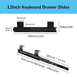 2 Pcs Heavy Duty Ball Bearing Slides Under Desk Keyboard Tray Runners 12inch - with Screws - Hanging Mount, 3-Sections Extension Rails Computer Slides Keyboard Drawer Slides