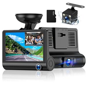 3 channel dash cam front and rear inside, 1080p 4 inches 170° wide angle dashcam, dash camera for cars with 32gb card, super night vision, loop recording, g-sensor, motion detection, parking mode
