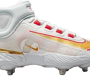 Nike Alpha Huarache Elite 4 Mid FD2744-161 Playoff Pack White-Gold-Red Men's Metal Baseball Cleats 15 US