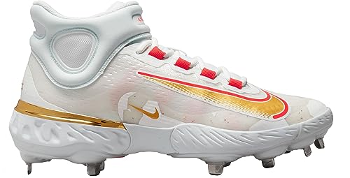 Nike Alpha Huarache Elite 4 Mid FD2744-161 Playoff Pack White-Gold-Red Men's Metal Baseball Cleats 15 US