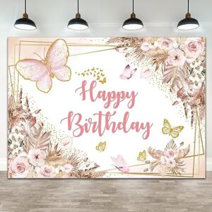 wollmix butterfly happy birthday banner backdrop decorations 7x5ft party sweet 16 girls women pink florals flowers gold dots photography background supplies photo booth studio cake table