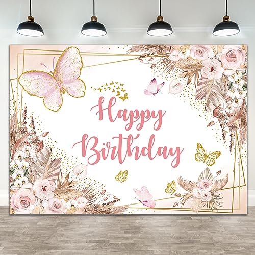 Wollmix Butterfly Happy Birthday Banner Backdrop Decorations 7x5ft Party Sweet 16 Girls Women Pink Florals Flowers Gold Dots Photography Background Supplies Photo Booth Studio Cake Table