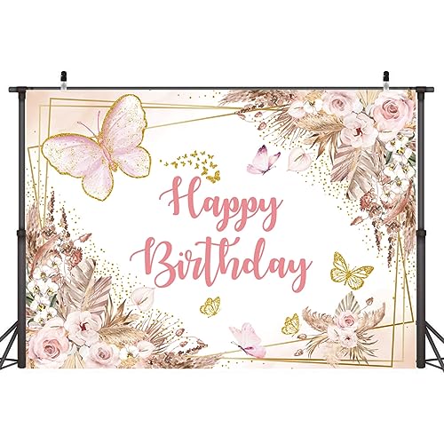 Wollmix Butterfly Happy Birthday Banner Backdrop Decorations 7x5ft Party Sweet 16 Girls Women Pink Florals Flowers Gold Dots Photography Background Supplies Photo Booth Studio Cake Table