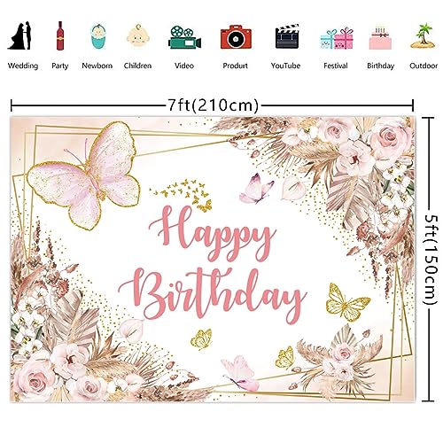 Wollmix Butterfly Happy Birthday Banner Backdrop Decorations 7x5ft Party Sweet 16 Girls Women Pink Florals Flowers Gold Dots Photography Background Supplies Photo Booth Studio Cake Table