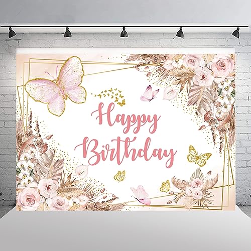 Wollmix Butterfly Happy Birthday Banner Backdrop Decorations 7x5ft Party Sweet 16 Girls Women Pink Florals Flowers Gold Dots Photography Background Supplies Photo Booth Studio Cake Table