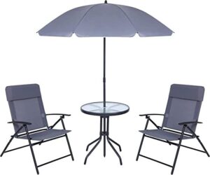 beach tent, beach cabana+bistro set, 4-piece outdoor dining set, patio furniture set of 2 folding chairs, small glass dining table, and a tilted umbrella
