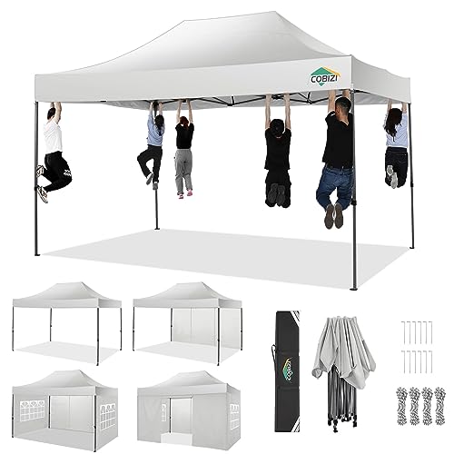 COBIZI 10x15 Pop up Canopy Gazebo 3.0, Easy up Heavy Duty Canopy with 4 Removable Sidewalls, High Stability, All Weather Sunshade 100% Waterproof Outdoor Canopy Tents, White