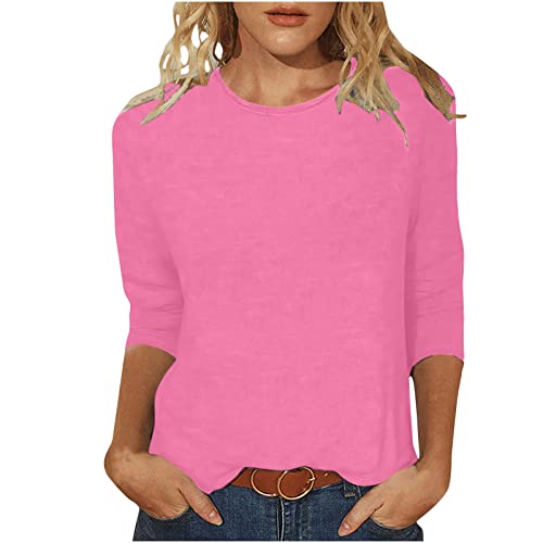 3/4 Sleeve T Shirts for Women Slim Fit Crew Neck Undershirt Womens Plain T-Shirts Tops Solid Color Tee Shirt Pink