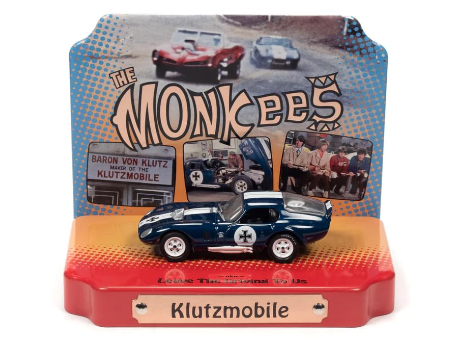 Shelby Cobra Daytona Klutzmobile Blue Metallic with White Stripes The Monkees with Collectible Tin Display Silver Screen Machines Series 1/64 Diecast Model Car by Johnny Lightning JLDR018-JLSP334