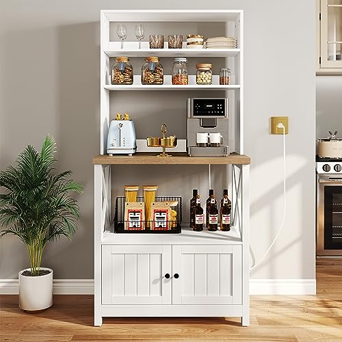 YITAHOME White Microwave Stand Bakers Rack Cabinet, Farmhouse Freestanding Small Kitchen Pantry Hutch Tall w Doors Power Outlet Thickened Counter, Coffee Bar Storage Shelves