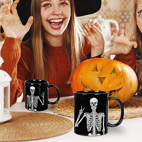 Whaline 2Pcs Halloween Mug Set 12oz Skeleton Holiday Coffee Mugs Halloween Ceramic Drinking Mugs for Home School Office Table Centerpieces Housewarming Gift