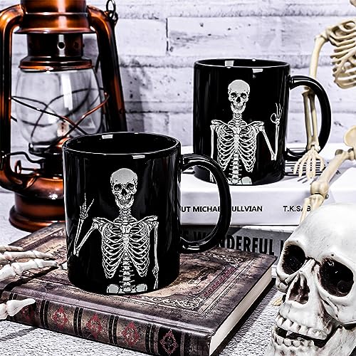 Whaline 2Pcs Halloween Mug Set 12oz Skeleton Holiday Coffee Mugs Halloween Ceramic Drinking Mugs for Home School Office Table Centerpieces Housewarming Gift