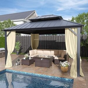 12' x 14' hardtop gazebo,outdoor galvanized steel metal double roof gazebo with curtains and netting for patios,gardens,lawns,cream