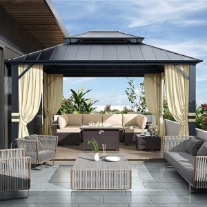 12' x 14' Hardtop Gazebo,Outdoor Galvanized Steel Metal Double Roof Gazebo with Curtains and Netting for Patios,Gardens,Lawns,Cream