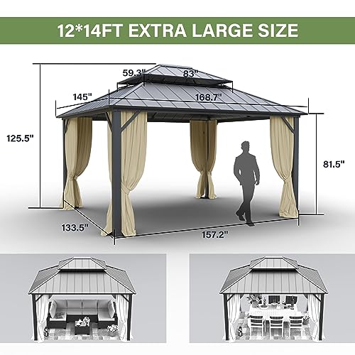 12' x 14' Hardtop Gazebo,Outdoor Galvanized Steel Metal Double Roof Gazebo with Curtains and Netting for Patios,Gardens,Lawns,Cream