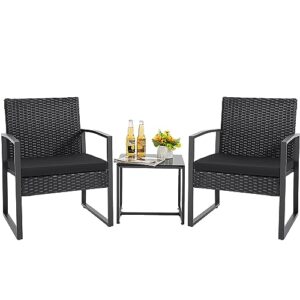 gunji patio furniture sets 3 pieces outdoor conversation set with coffee table patio wicker rattan chairs set bistro sets for garden, yard, lawn, and balcony (black)