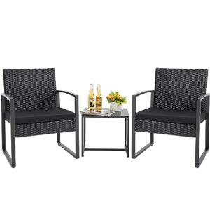 GUNJI Patio Furniture Sets 3 Pieces Outdoor Conversation Set with Coffee Table Patio Wicker Rattan Chairs Set Bistro Sets for Garden, Yard, Lawn, and Balcony (Black)