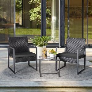 GUNJI Patio Furniture Sets 3 Pieces Outdoor Conversation Set with Coffee Table Patio Wicker Rattan Chairs Set Bistro Sets for Garden, Yard, Lawn, and Balcony (Black)