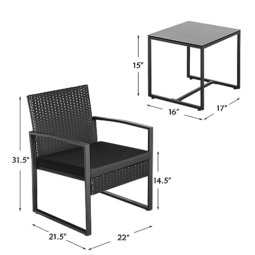 GUNJI Patio Furniture Sets 3 Pieces Outdoor Conversation Set with Coffee Table Patio Wicker Rattan Chairs Set Bistro Sets for Garden, Yard, Lawn, and Balcony (Black)