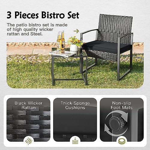 GUNJI Patio Furniture Sets 3 Pieces Outdoor Conversation Set with Coffee Table Patio Wicker Rattan Chairs Set Bistro Sets for Garden, Yard, Lawn, and Balcony (Black)