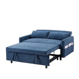 Merax, Blue 55.1" Pull Out Sleep Sofa Bed Loveseats Couch with Adjsutable Backrest,Storage Pockets,2 Soft Pillows for Living Room,Bedroom