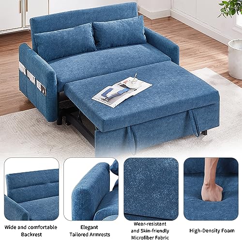 Merax, Blue 55.1" Pull Out Sleep Sofa Bed Loveseats Couch with Adjsutable Backrest,Storage Pockets,2 Soft Pillows for Living Room,Bedroom