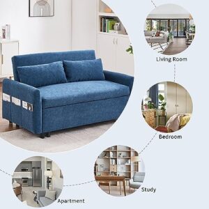 Merax, Blue 55.1" Pull Out Sleep Sofa Bed Loveseats Couch with Adjsutable Backrest,Storage Pockets,2 Soft Pillows for Living Room,Bedroom