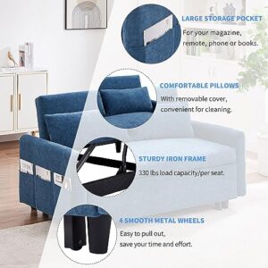 Merax, Blue 55.1" Pull Out Sleep Sofa Bed Loveseats Couch with Adjsutable Backrest,Storage Pockets,2 Soft Pillows for Living Room,Bedroom