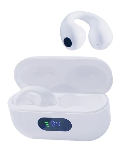 Tayogo Ear Clip Bluetooth Headphones, Open Ear Clip Headphone with Mic/Display, Wireless Ear Clips Ear Buds, Bluetooth V5.3, 80 Hours Playtime with Charging Case for Running, Workout-White