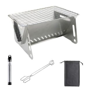 mini bbq grill, portable charcoal grill, small barbecue grill for camping patio outdoor, indoor table top folding grills, stainless steel roast stove for beach, backpacking, hiking, traveling.